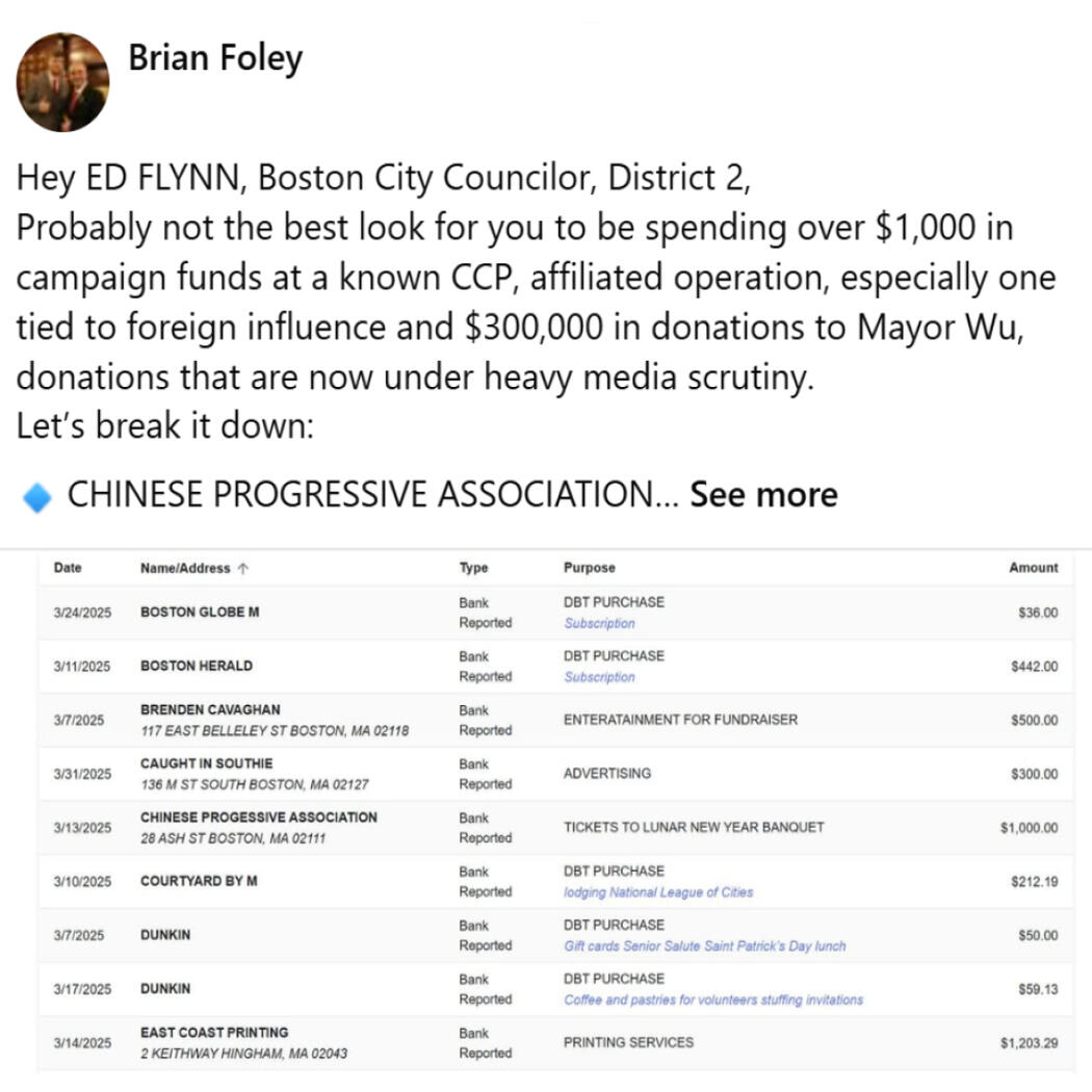 Hey ED FLYNN, Boston City Councilor, District 2, probably not the best look for you to be spending over $1,000 in campaign funds at a known CCP, affiliated operation, especially one tied to foreign influence