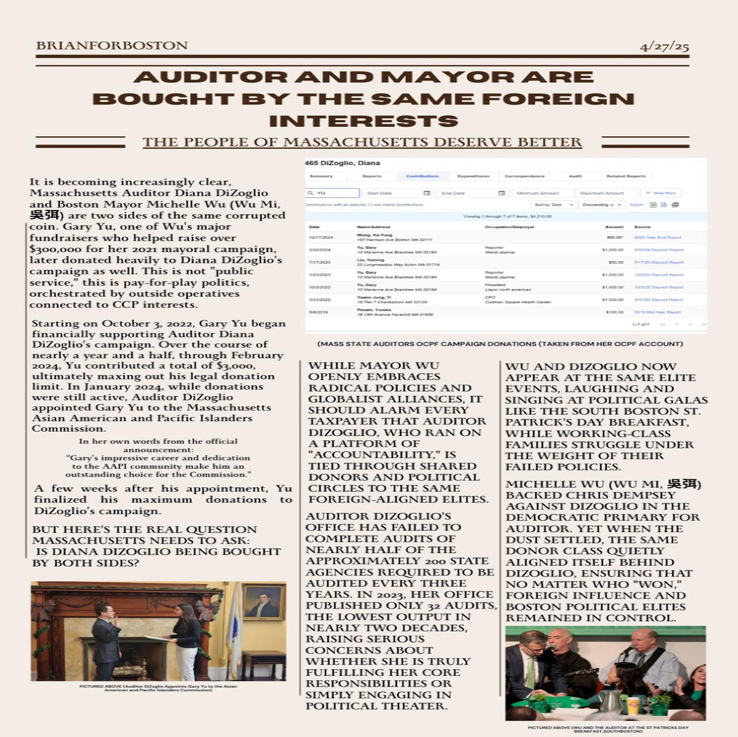 Our Auditor and Mayor are Bought by the Same Foreign Interests. It is becoming increasingly clear, Massachusetts Auditor Diana DiZoglio and Boston Mayor Michelle Wu (Wu Mi) are two sides of the same corrupted coin.